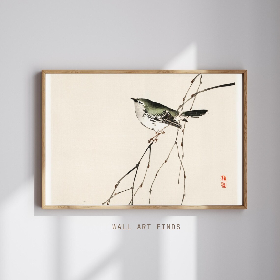 Kono Bairei Green Songbird on Branch Japanese Ink Painting Poster