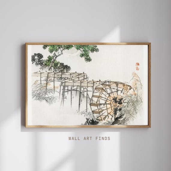 Kno Bairei Watermill Print Japanese Sumie Rural Scene Traditional Landscape Ink Art Vintage Zen Decor 300 Dpi