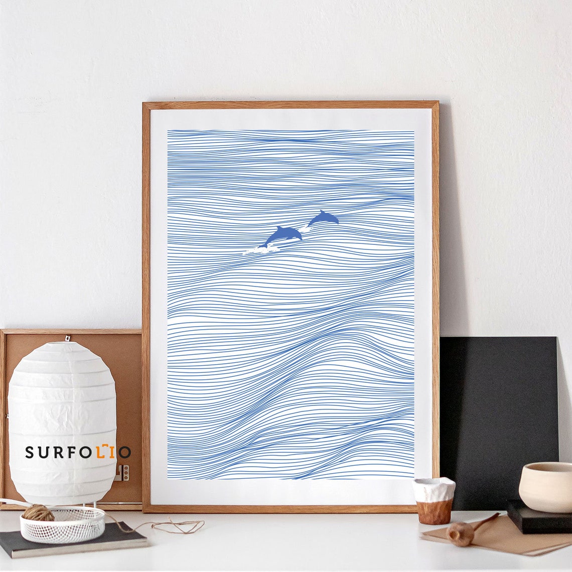 Blue Dolphin Waves Line Art Poster
