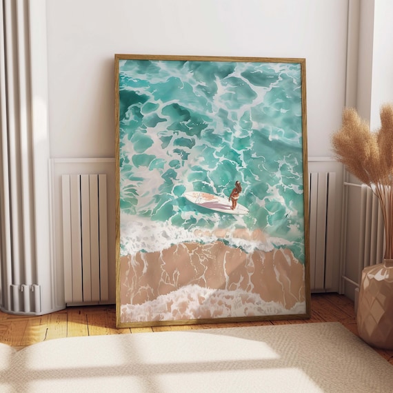 Aerial Surfer Turquoise Ocean Waves Watercolor Beach Art Poster