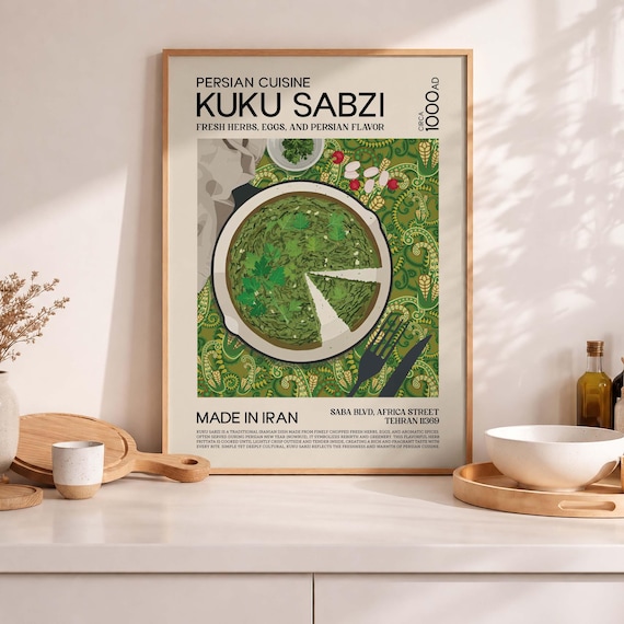Kuku Sabzi Persian Food Poster With Fresh Herb Frittata Illustration