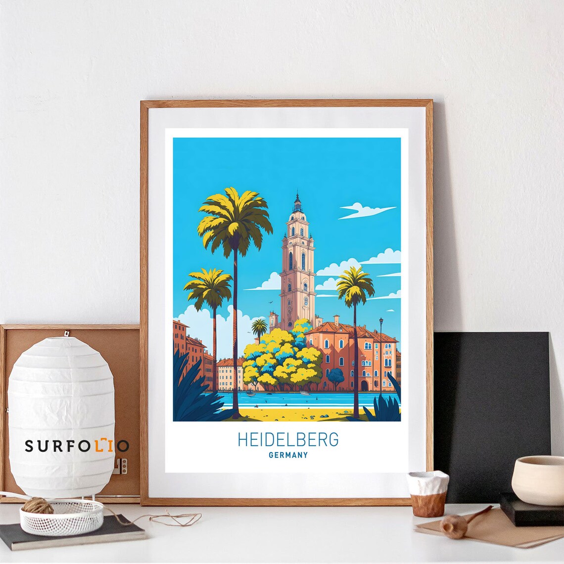 Heidelberg Germany Travel Poster Colorful Cityscape Palm Tower Art