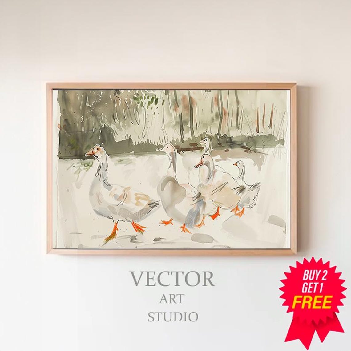 Small Geese Flock Walking Together In Loose Watercolor Sketch Poster