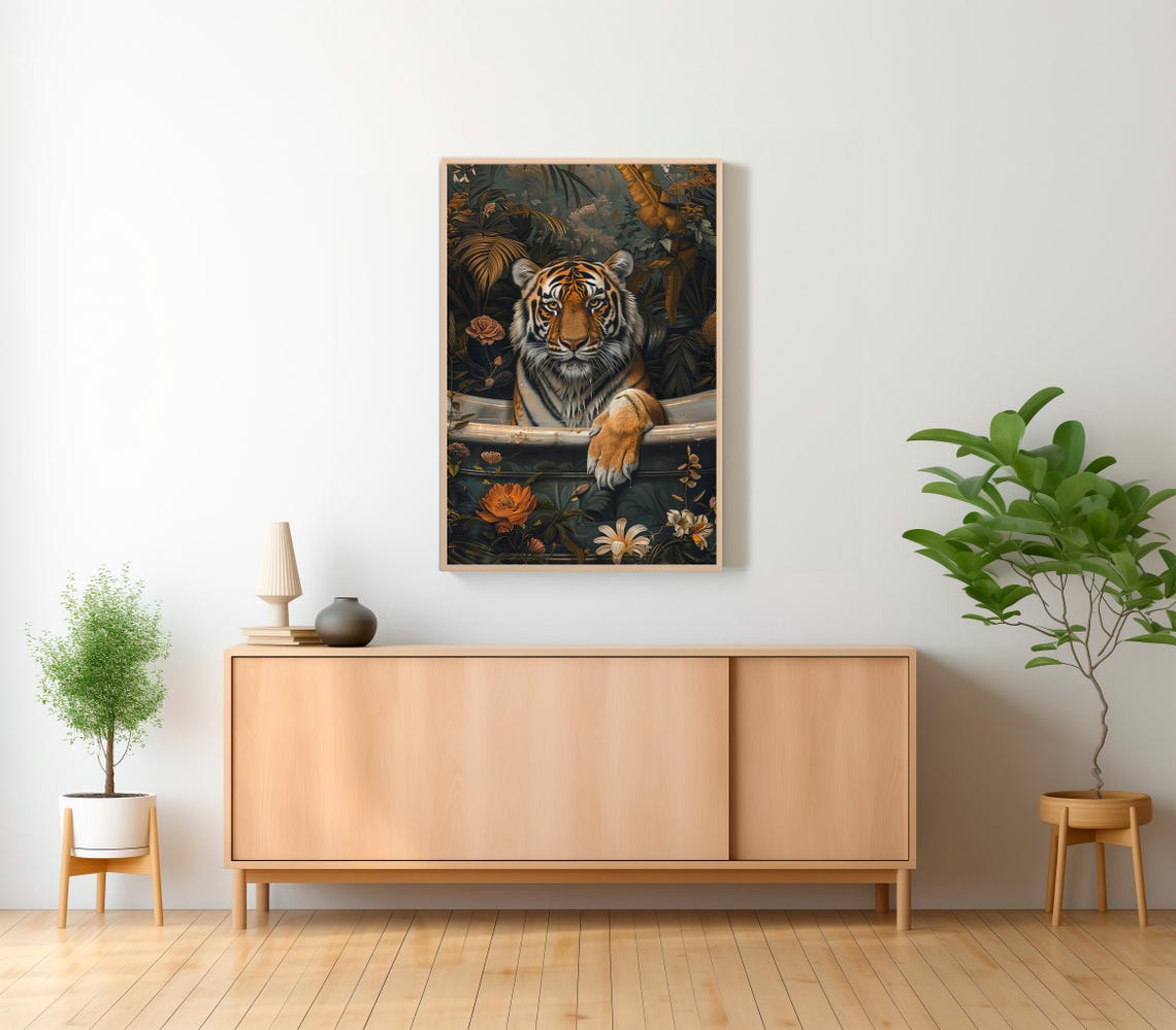 Tiger Resting Over Tub Edge Dark Jungle Botanical Painting Wall Poster - Image 2