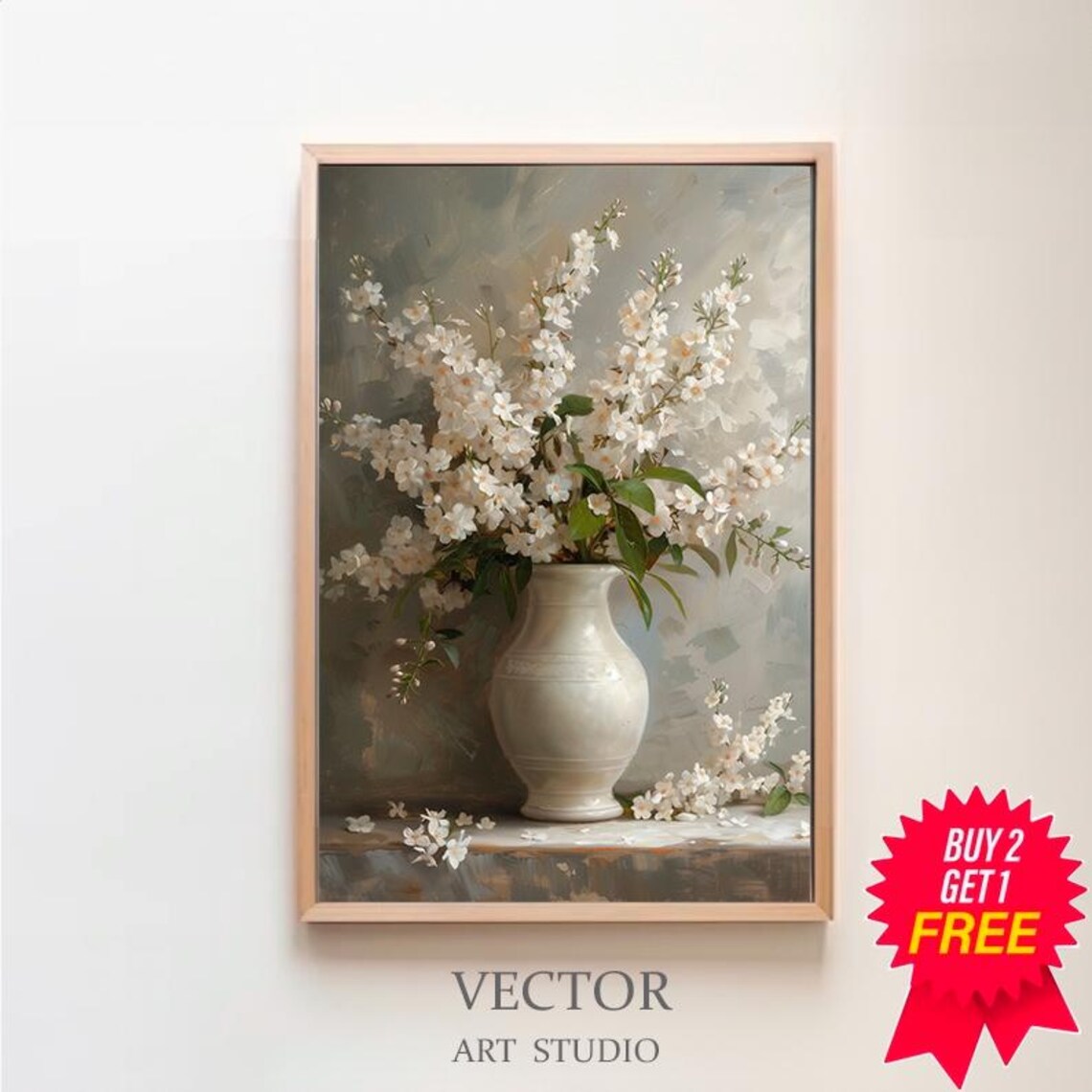 Spring Flowers In Vintage Vase, Muted Floral Art Print