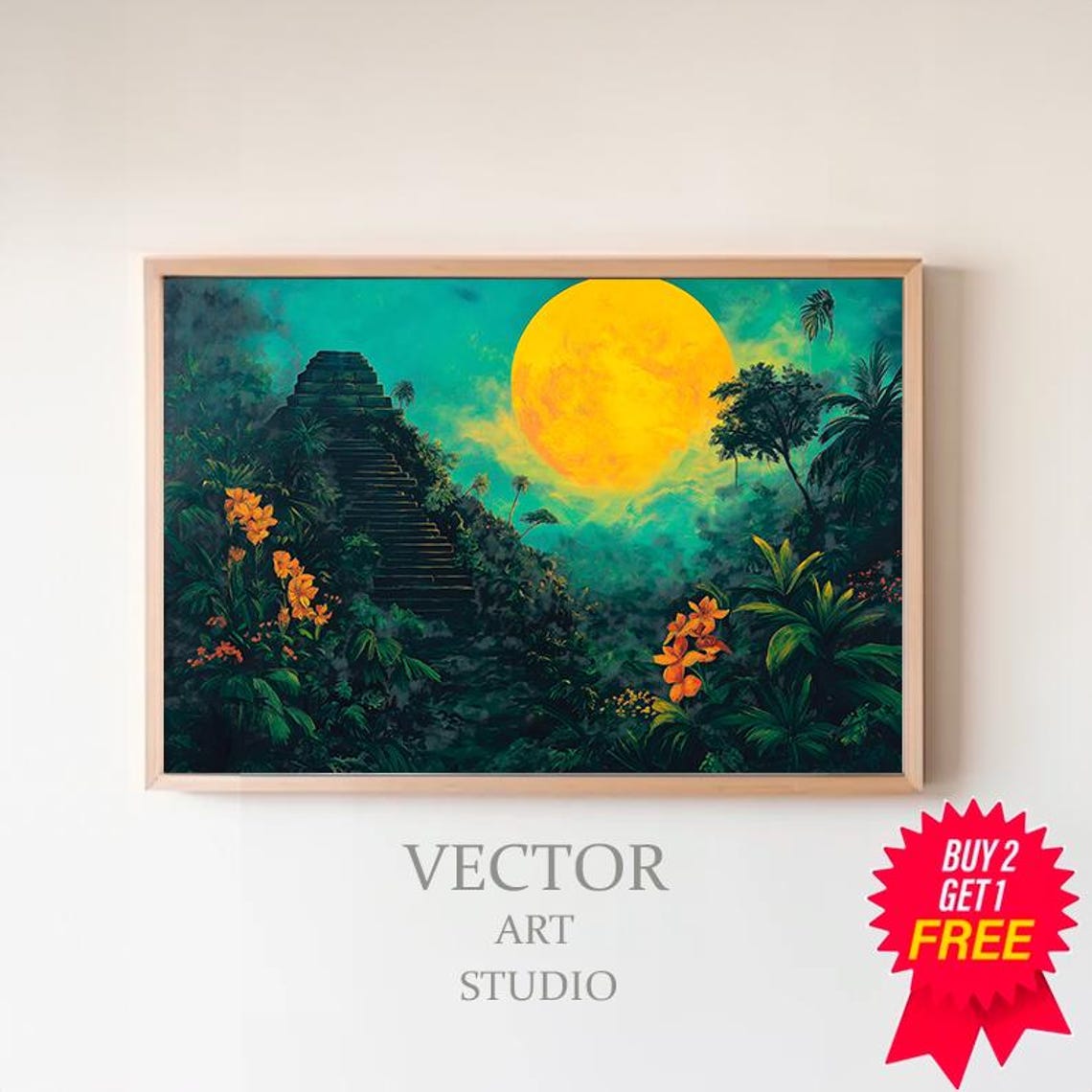 Ancient Jungle Pyramid Under Giant Golden Moon Fantasy Poster