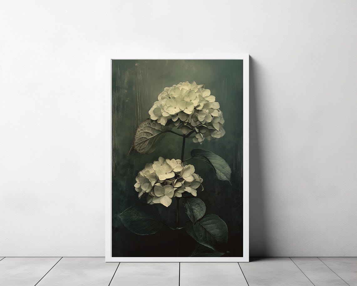 Elegant White Hydrangea on Moody Dark Green Botanical Poster - Image 3
