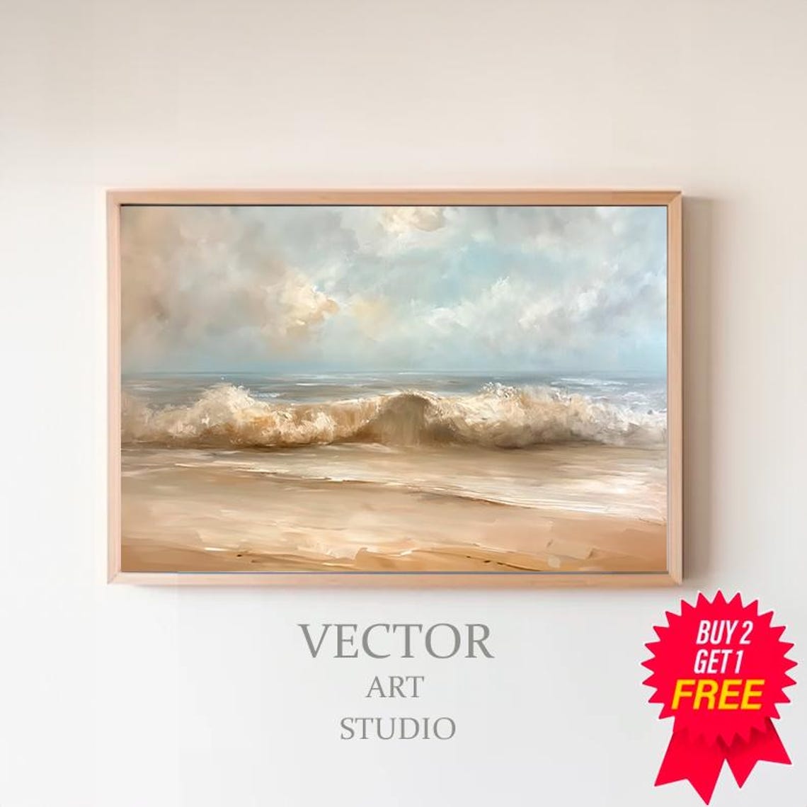 Ocean Waves Crashing On A Sandy Beach Vintage Neutral Seascape Poster