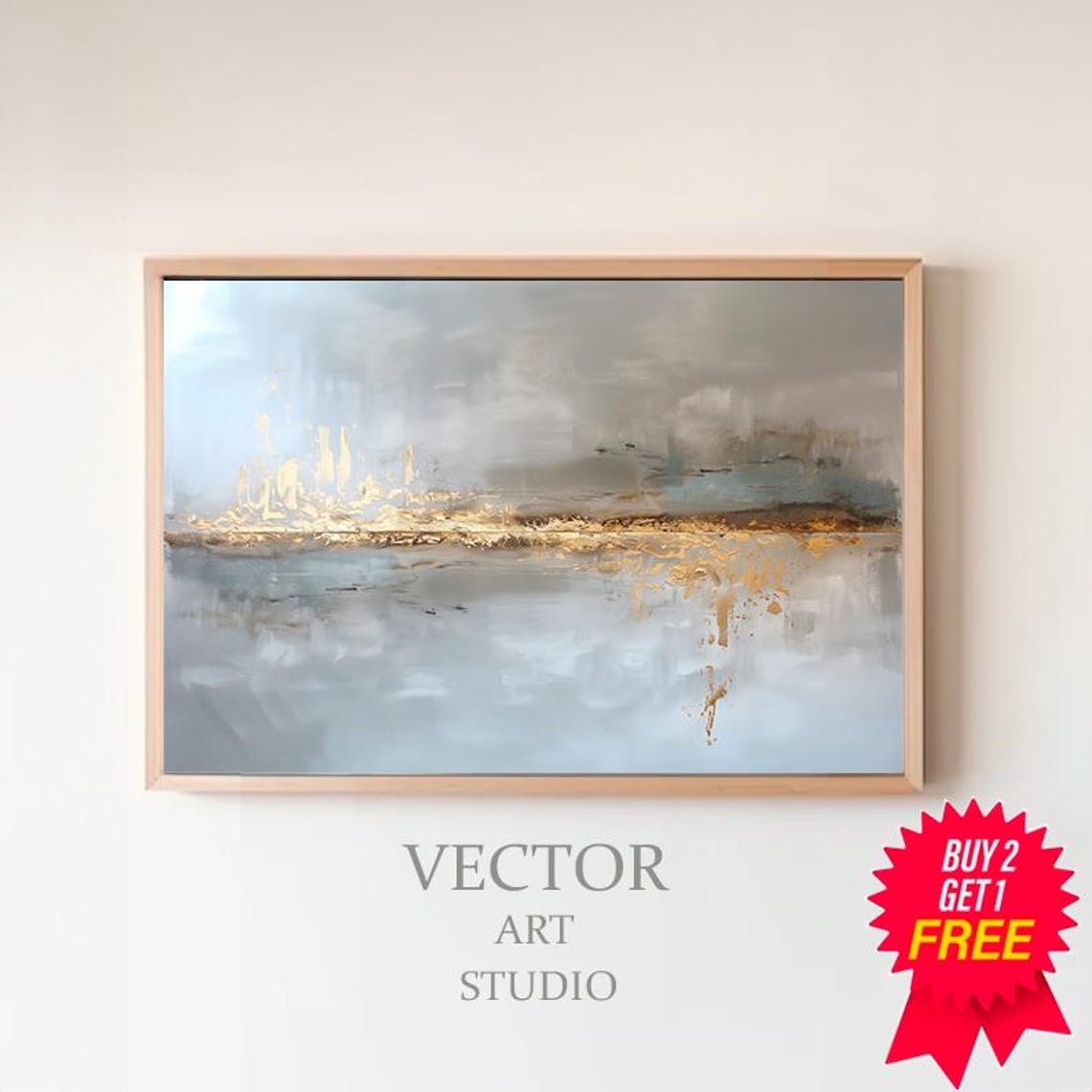 Abstract Seascape Painting with Gold Horizon in Grey Blue Poster