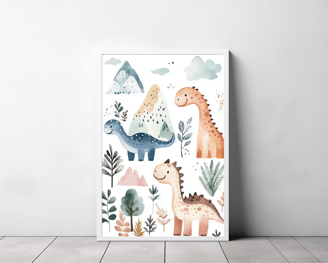 Smiling Watercolor Dinosaurs with Pastel Mountains Nursery Poster - Image 3