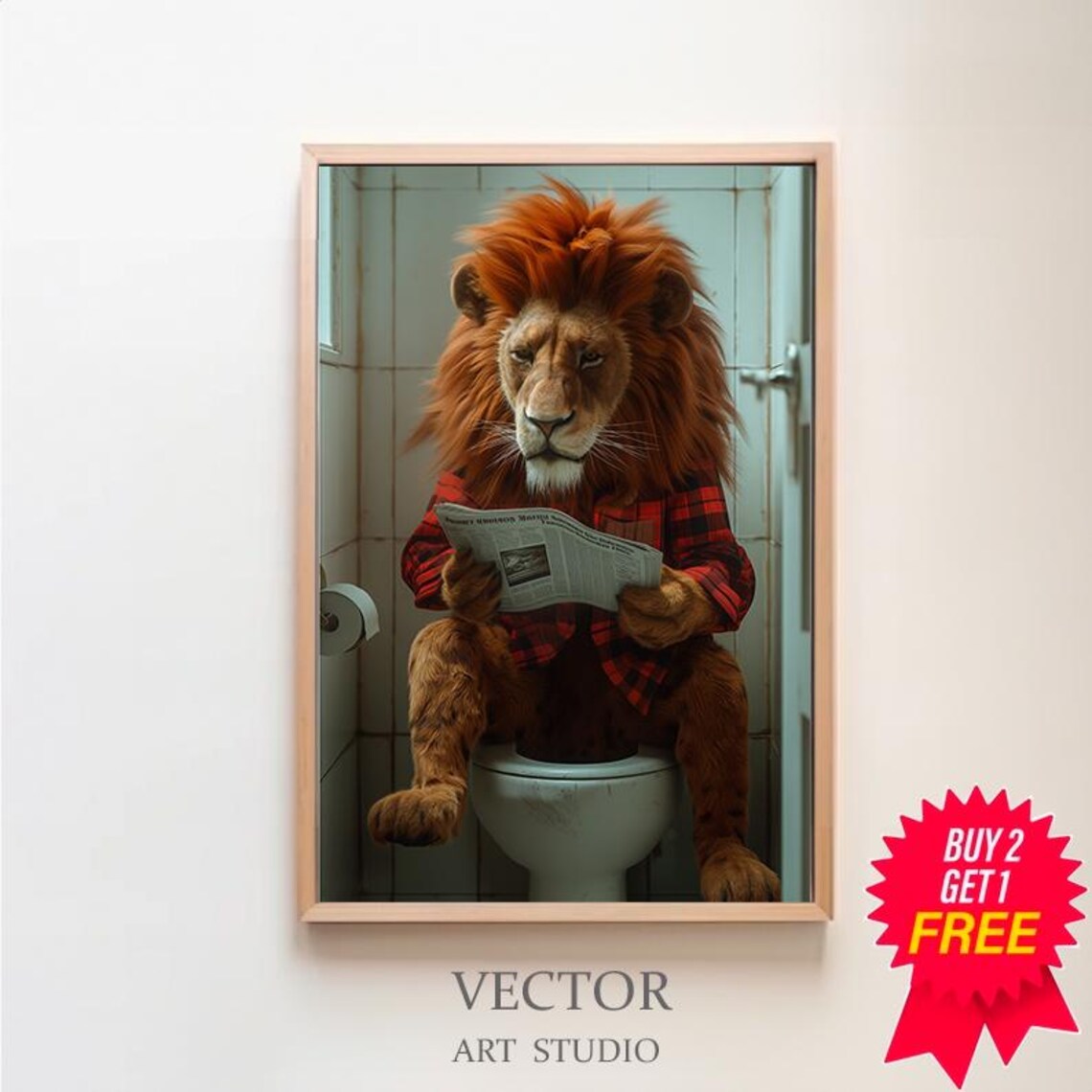 Funny Lion Bathroom Print, Kids Bath Wall Art Print