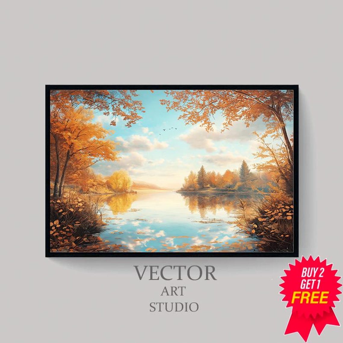 Vibrant Fall Foliage Around a Mirror-Calm Lake Under Blue Sky Poster - Image 4