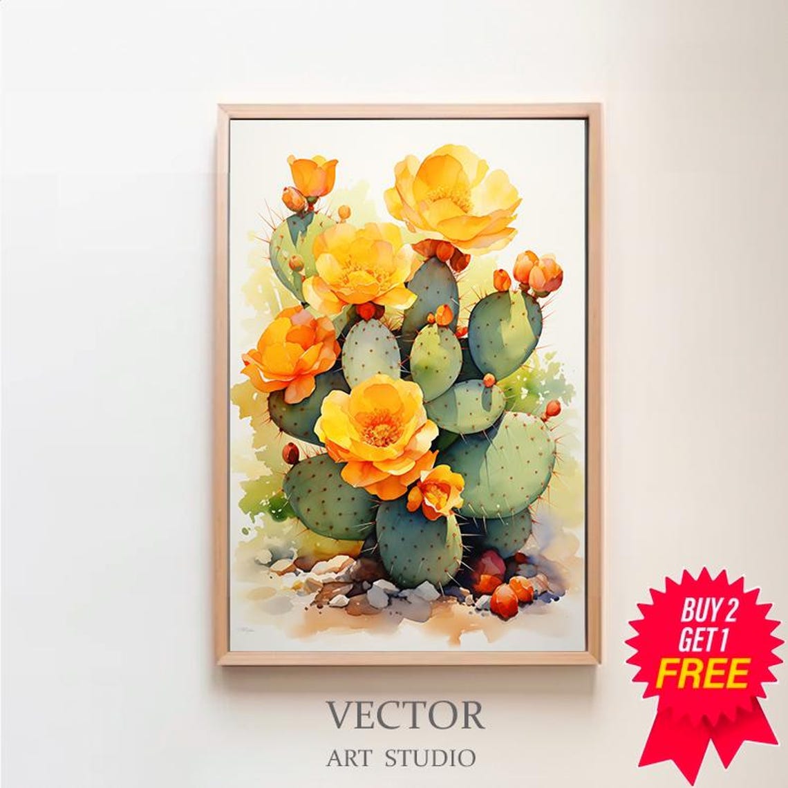 Golden Yellow Prickly Pear Cactus Blooms in Watercolor Poster