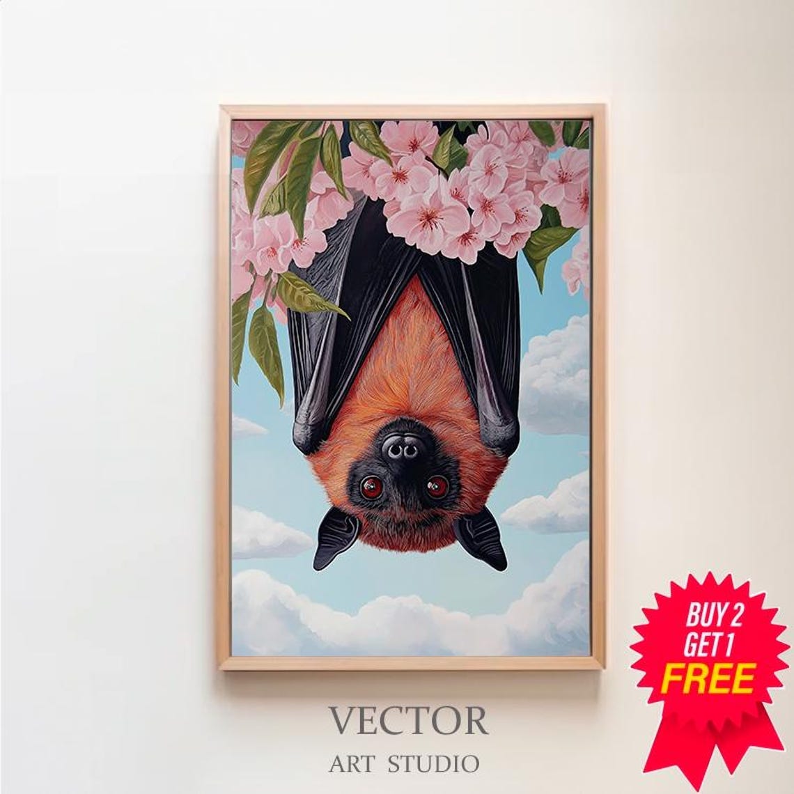 Flying Fox Bat Hanging Among Pink Cherry Blossoms Whimsical Poster
