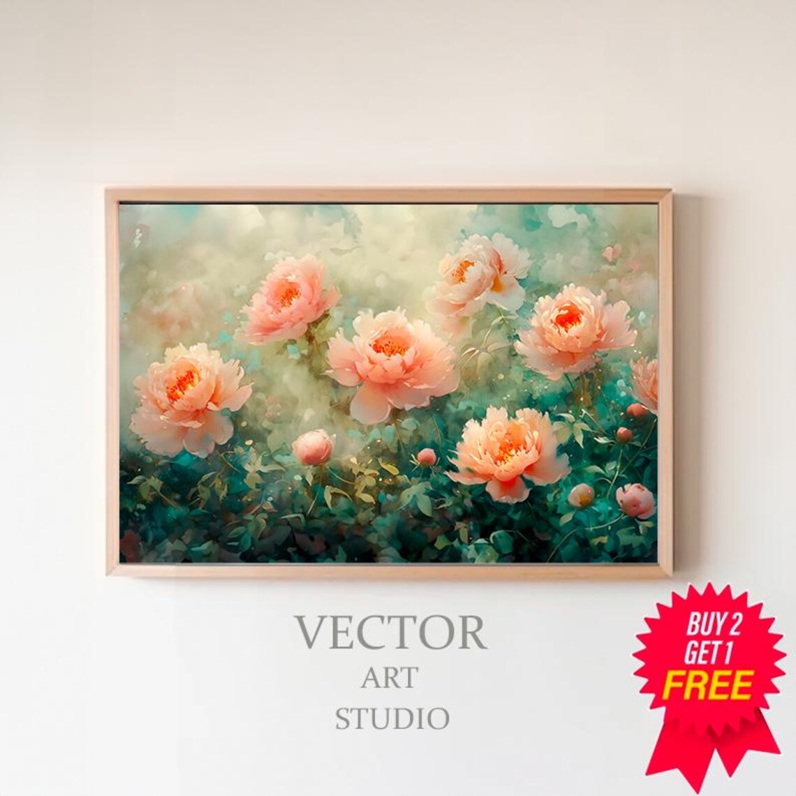 Soft Pink Peonies Teal Watercolor Spring Floral Garden Poster
