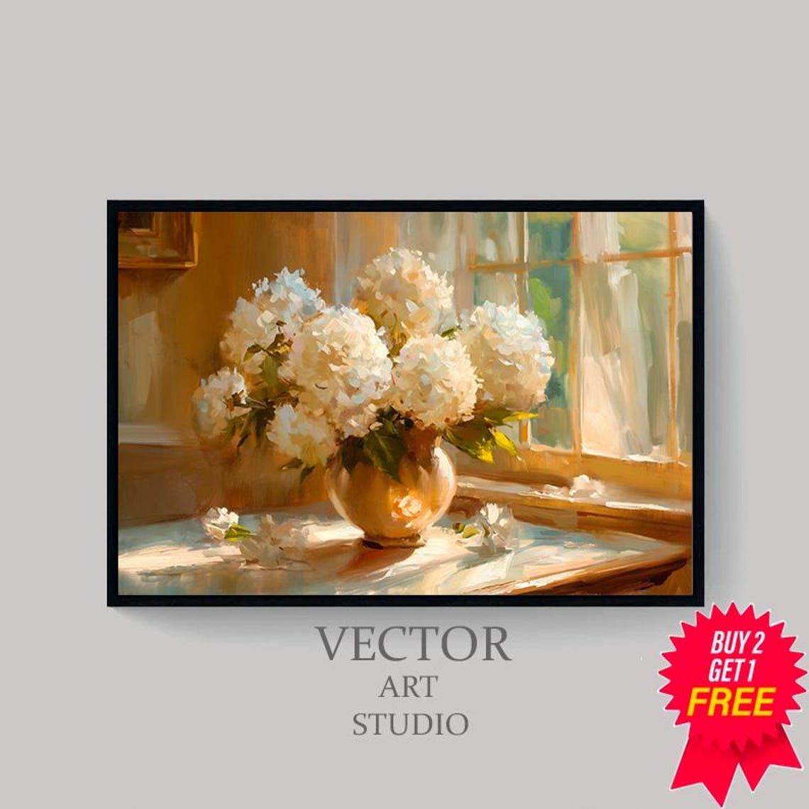 White Hydrangeas in a Golden Vase by a Sunlit Window Floral Art Poster - Image 4