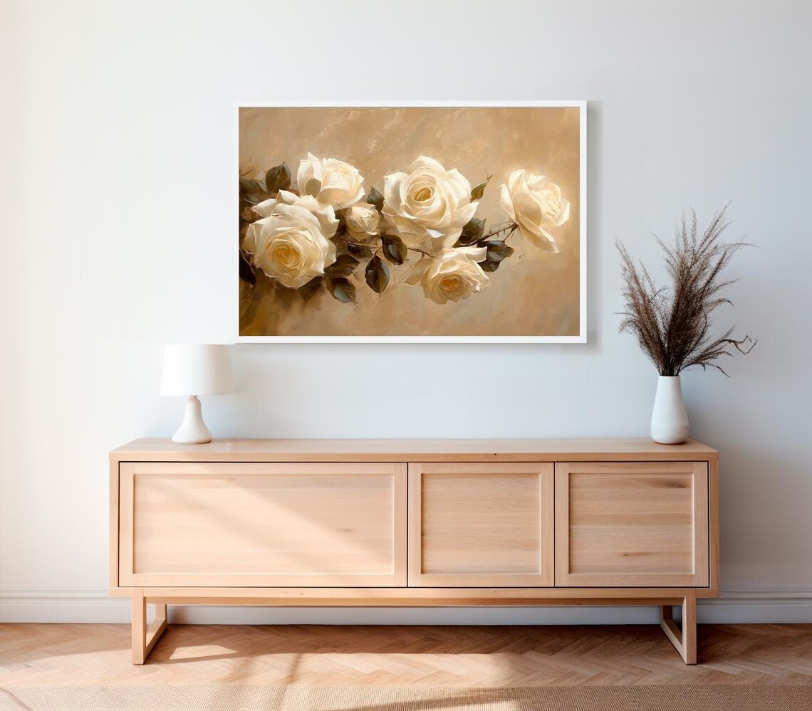 White Cream Roses Blooming Branch Vintage Neutral Floral Art Poster - Image 2