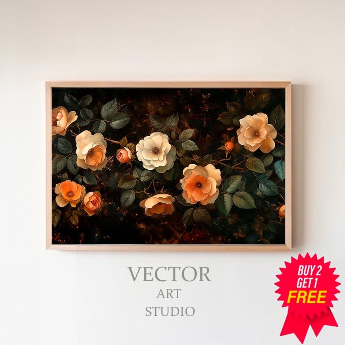 Dark Moody Cream Apricot Roses Vintage Botanical Floral Poster