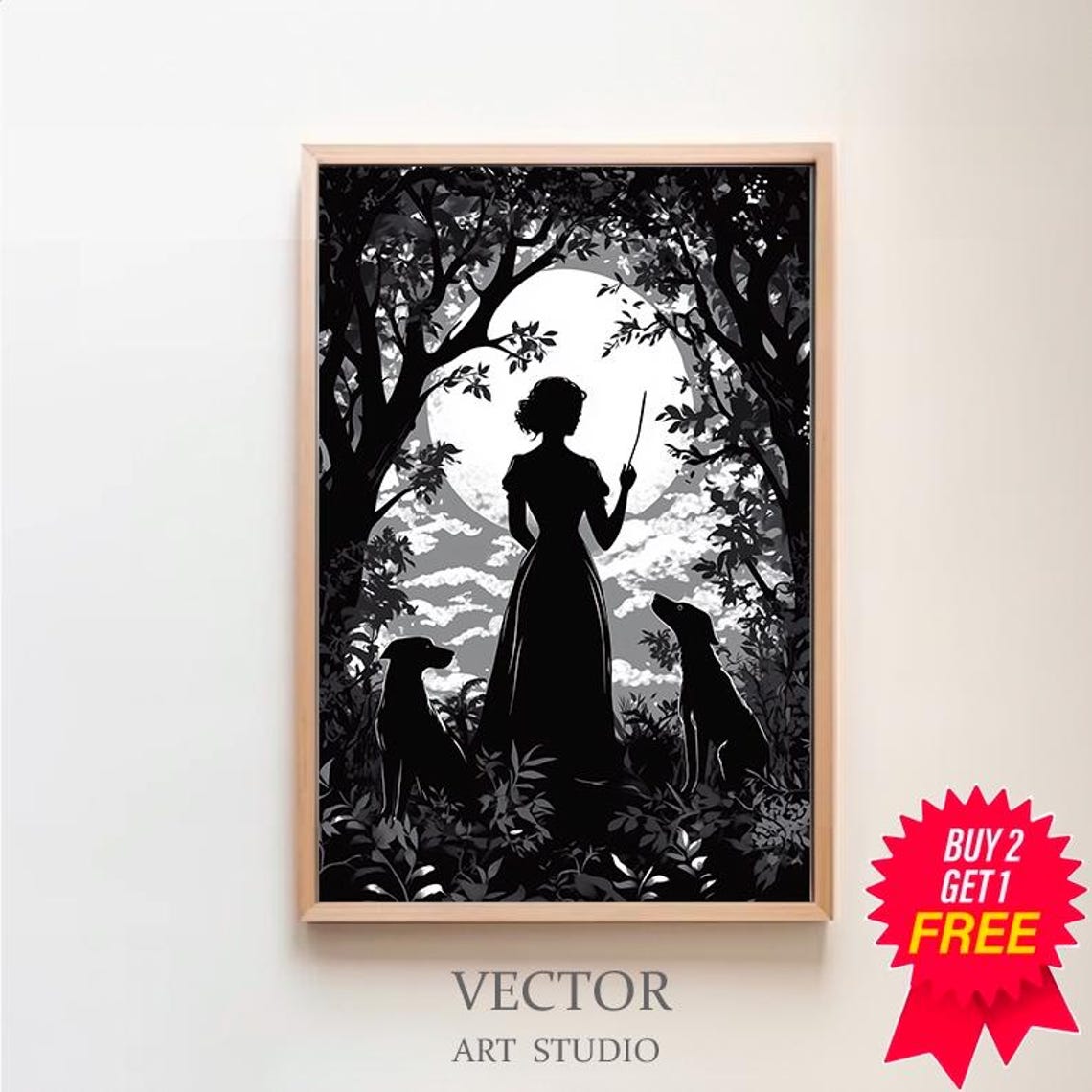 Hecate Goddess Silhouette Holding Staff Full Moon Forest Night Poster