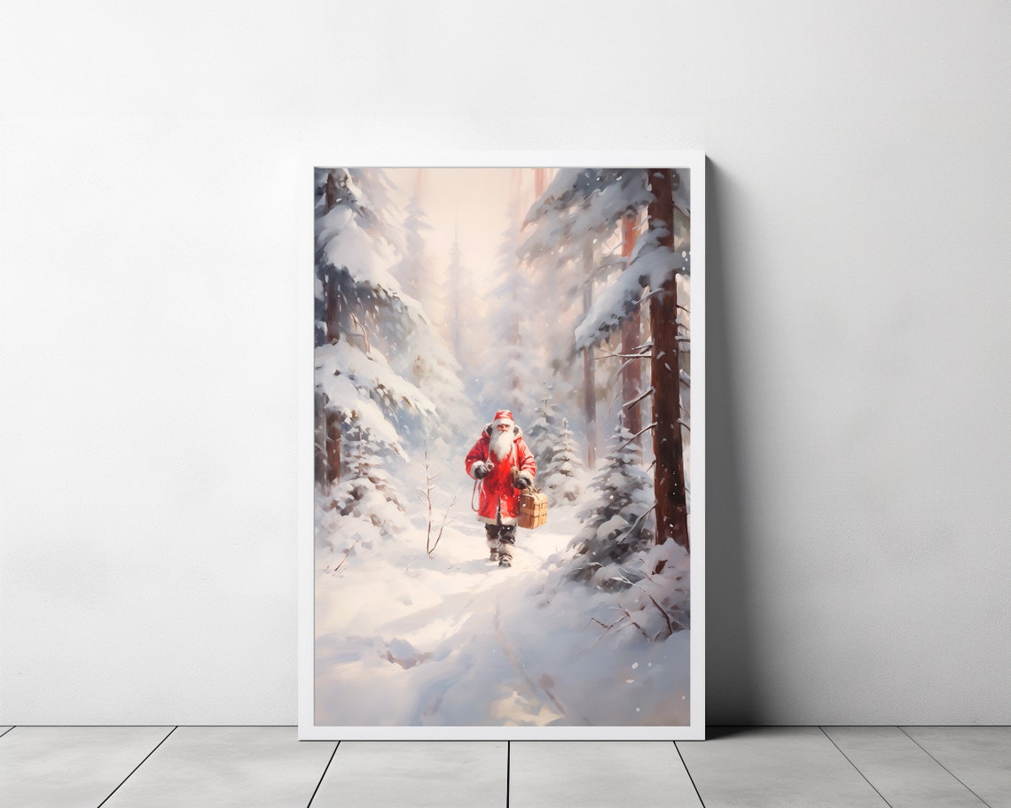 Santa Claus Walking Through a Snowy Pine Forest at Dusk Poster - Image 3