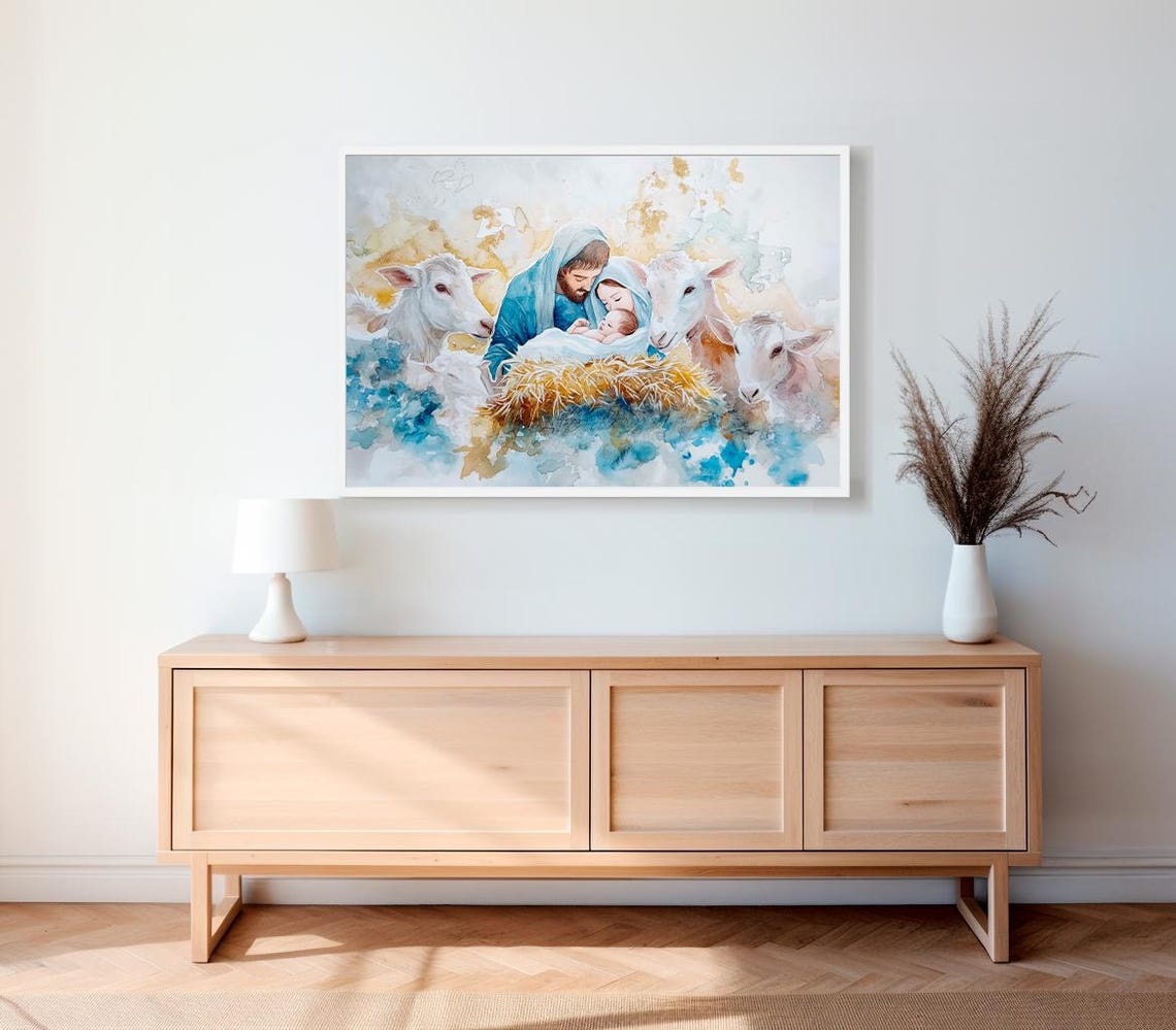 Soft Pastel Watercolor Nativity Scene With Animals Christmas Art Print - Image 2