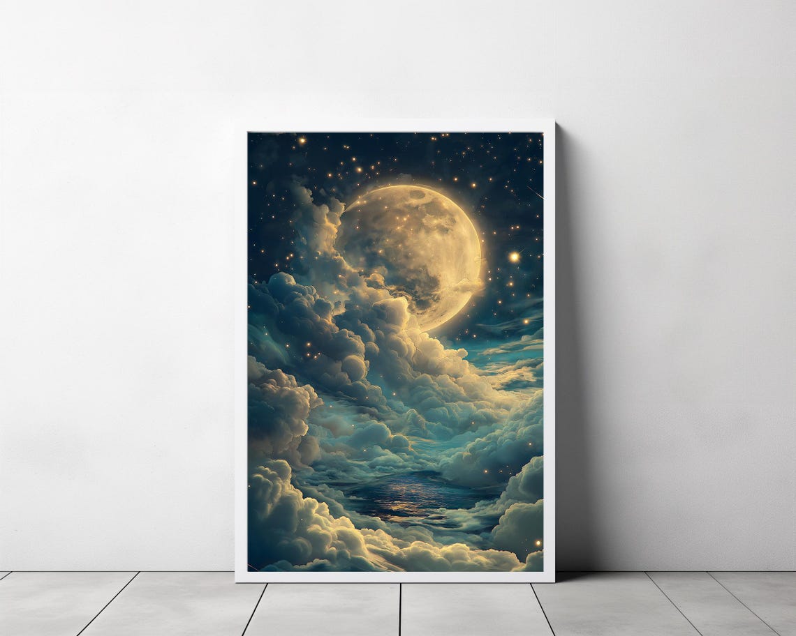 Enchanting Celestial Moon Art Print Vintage Inspired Dark Academia Dark Cottagecore Night Sky Painting - Image 3
