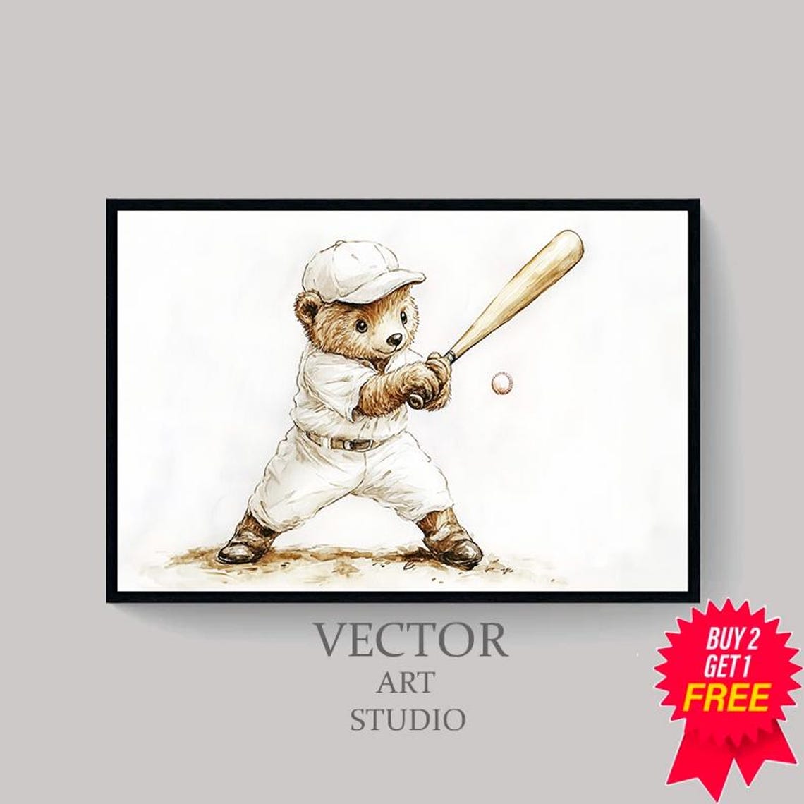 Teddy Bear Batter Mid Swing with Ball Baseball Nursery Poster - Image 4