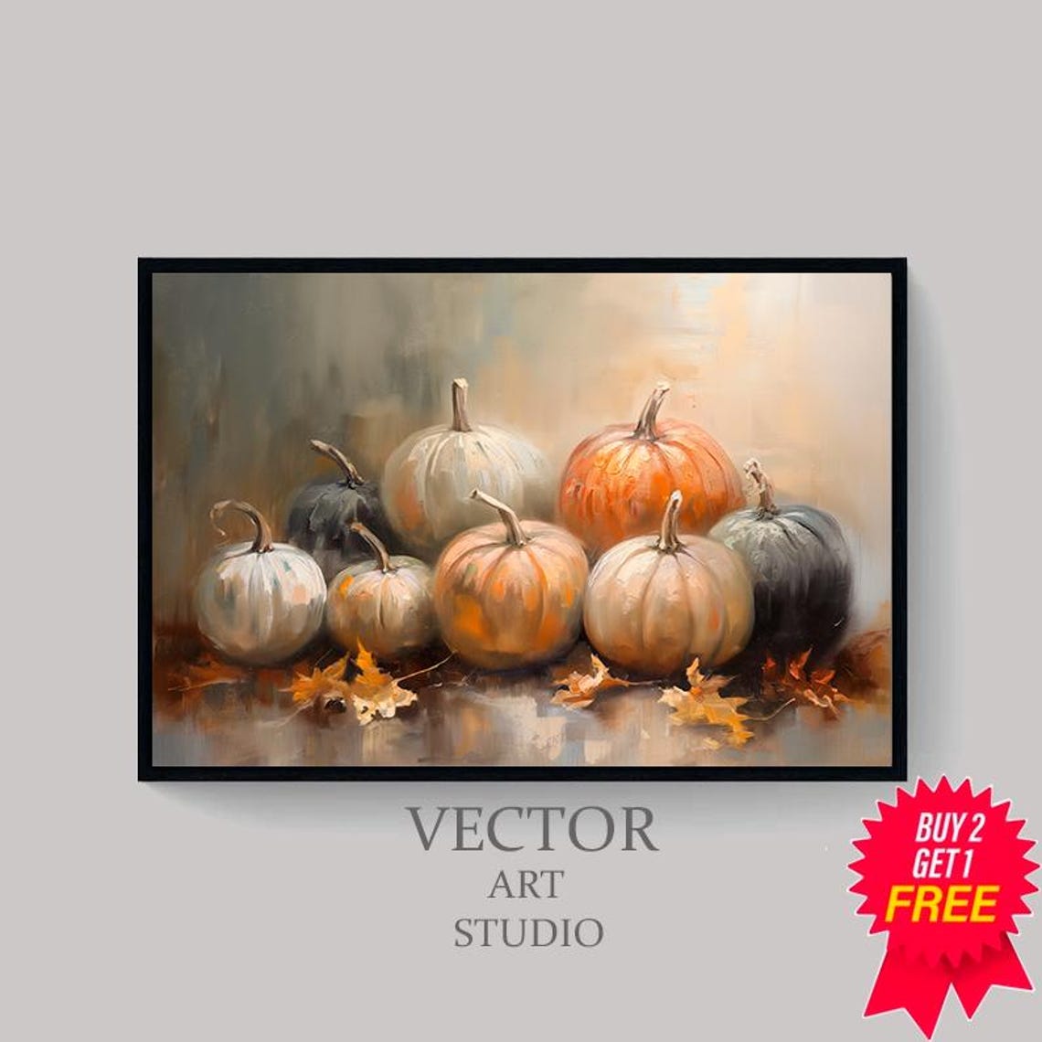 Soft Gray White And Orange Pumpkin Group Fall Still Life Poster - Image 4