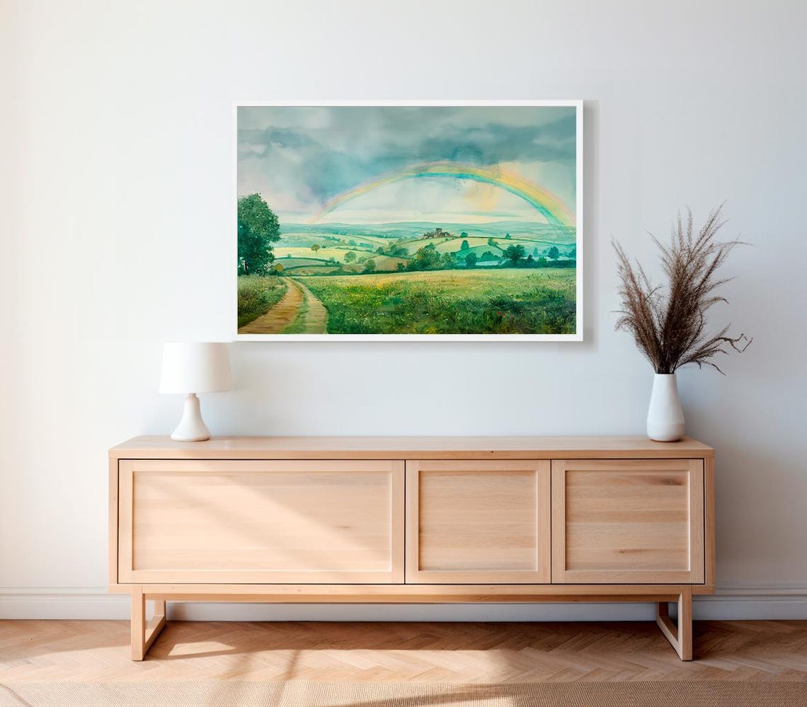 Rainbow Over Rolling Green Countryside Watercolor Landscape Poster - Image 2