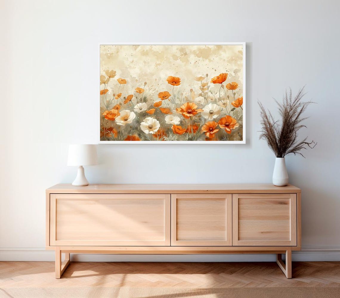 Orange and White Poppies in Watercolor Soft Floral Meadow Poster - Image 2
