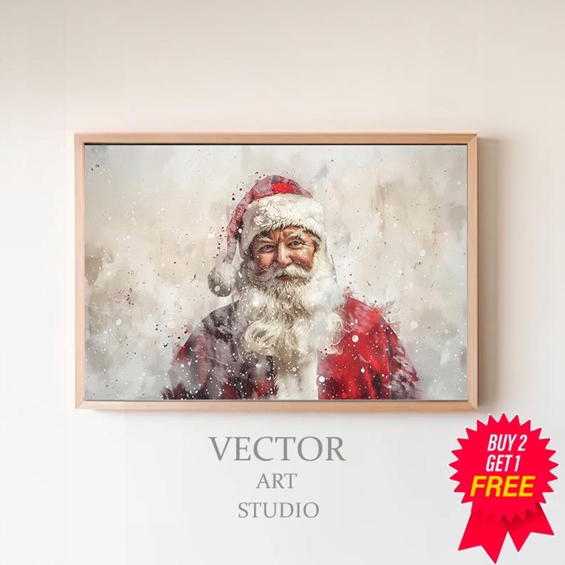 Front Facing Santa Claus Bearded Portrait Snowy Watercolor Poster