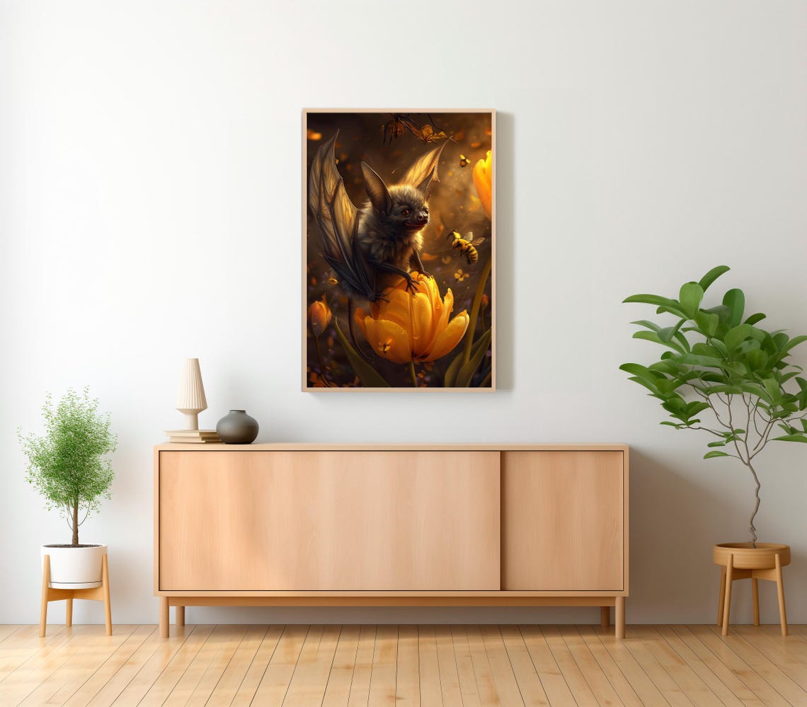 Whimsical Bat Perched on a Golden Tulip Among Bees Fantasy Poster - Image 2
