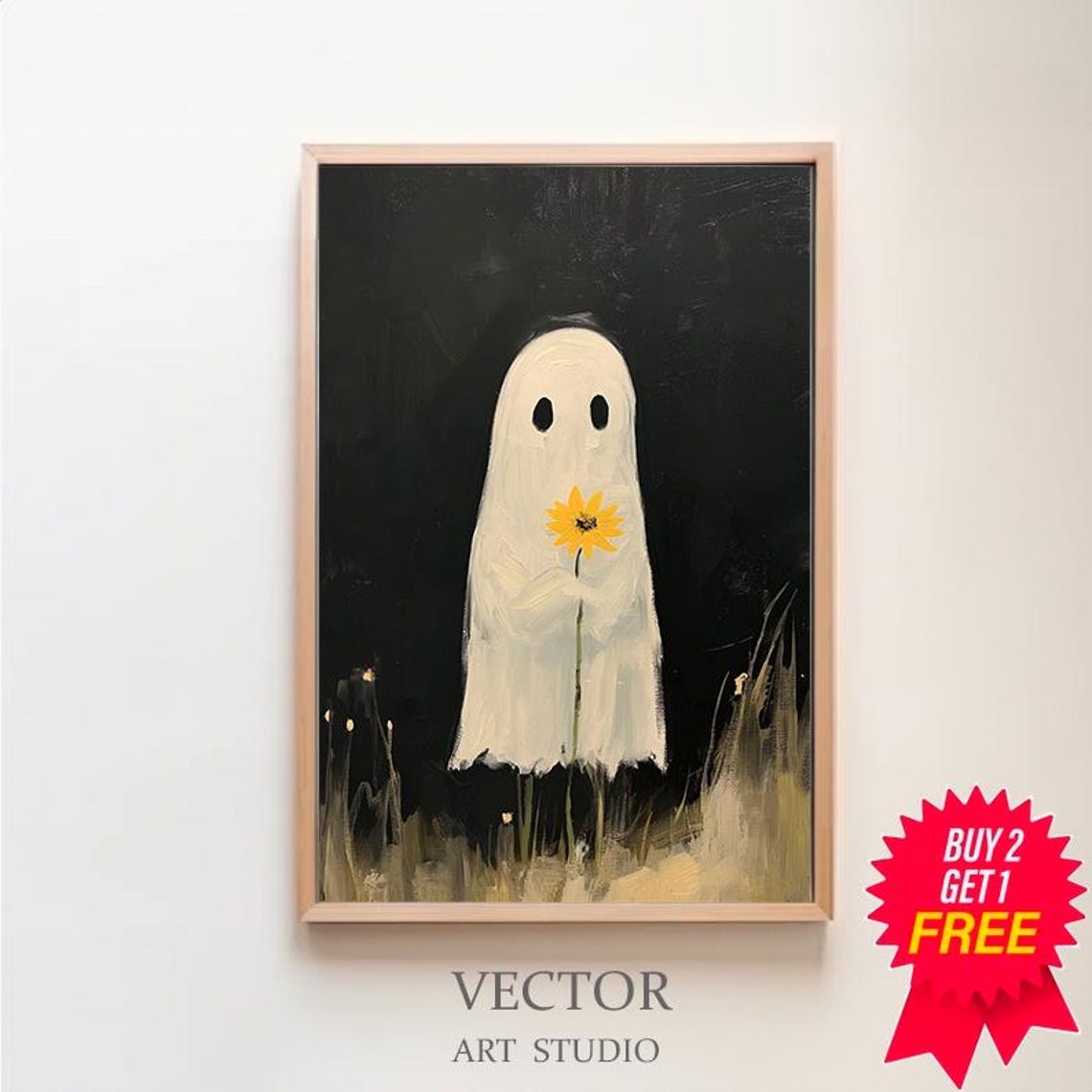 Sheet Ghost Holding a Sunflower Painted Black Background Art Poster