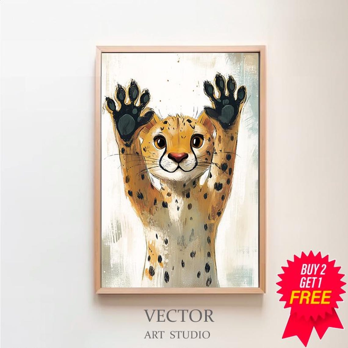 Happy Cheetah Cub with Paws Raised Watercolor Nursery Poster