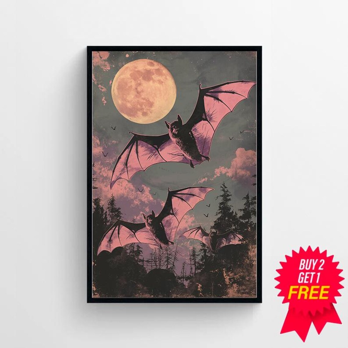 Vintage Neon Pink Vampire Bats Art Print - Image 4