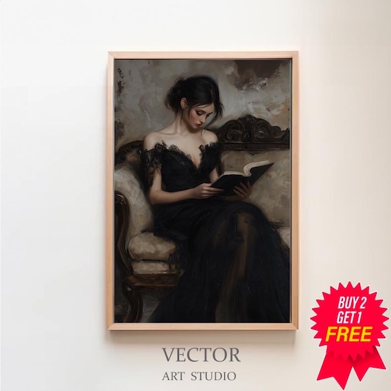Victorian Lady in a Black Gown Reading on a Velvet Chaise Art Poster