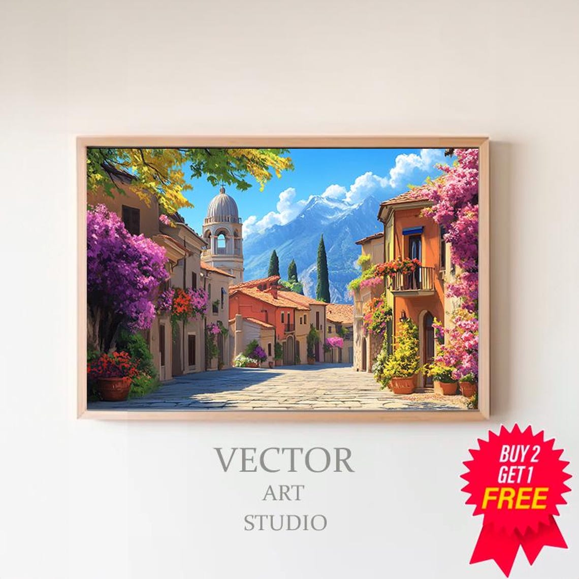 Mexican Village Street Church Dome Bougainvillea Mountain Art Poster