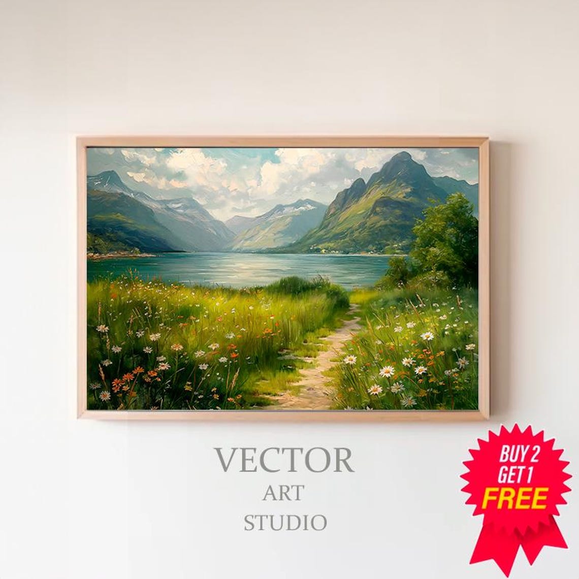 Mountain Lake Wildflower Meadow Path Vintage Summer Landscape Poster