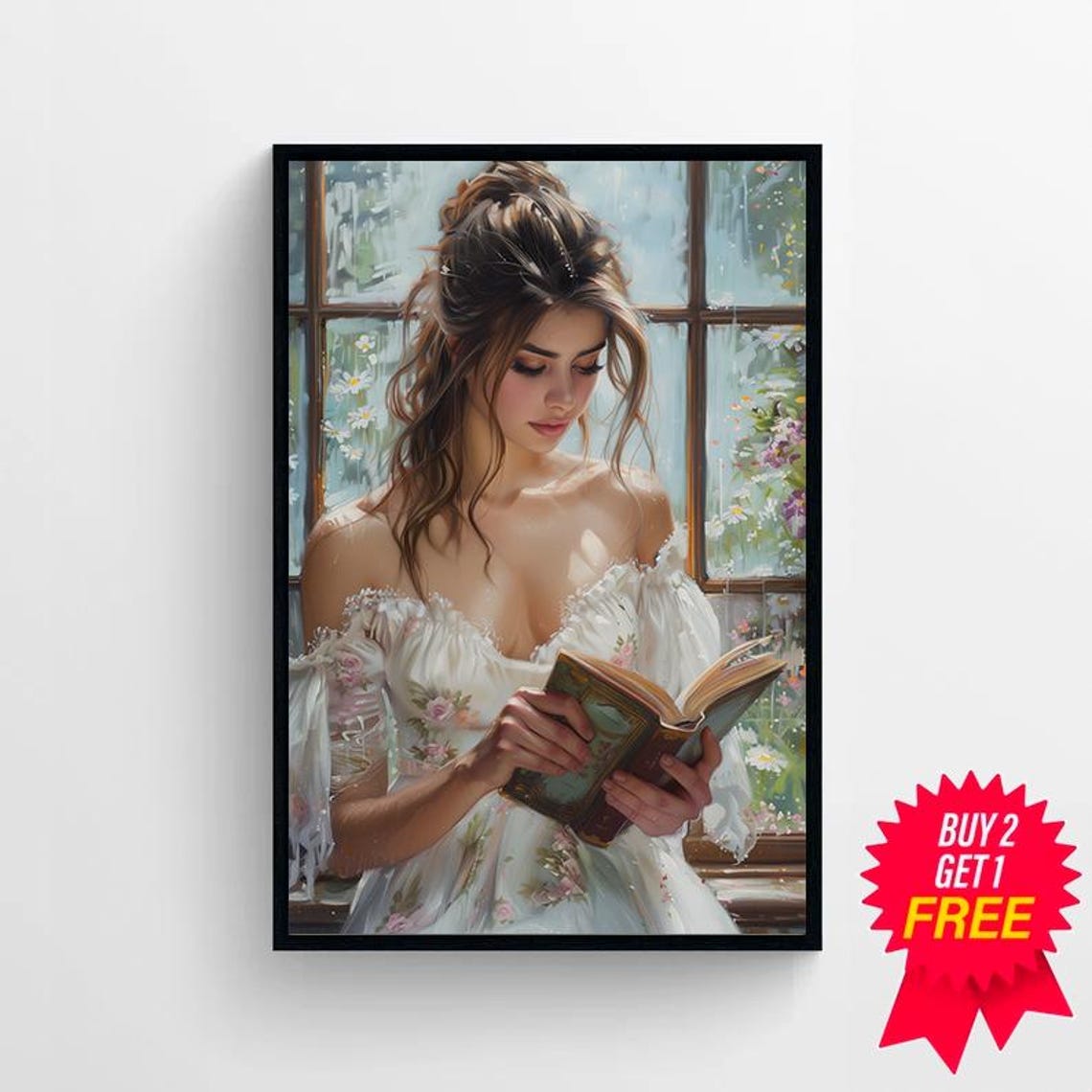 Romantic Woman in a White Dress Reading by a Sunlit Window Poster - Image 4
