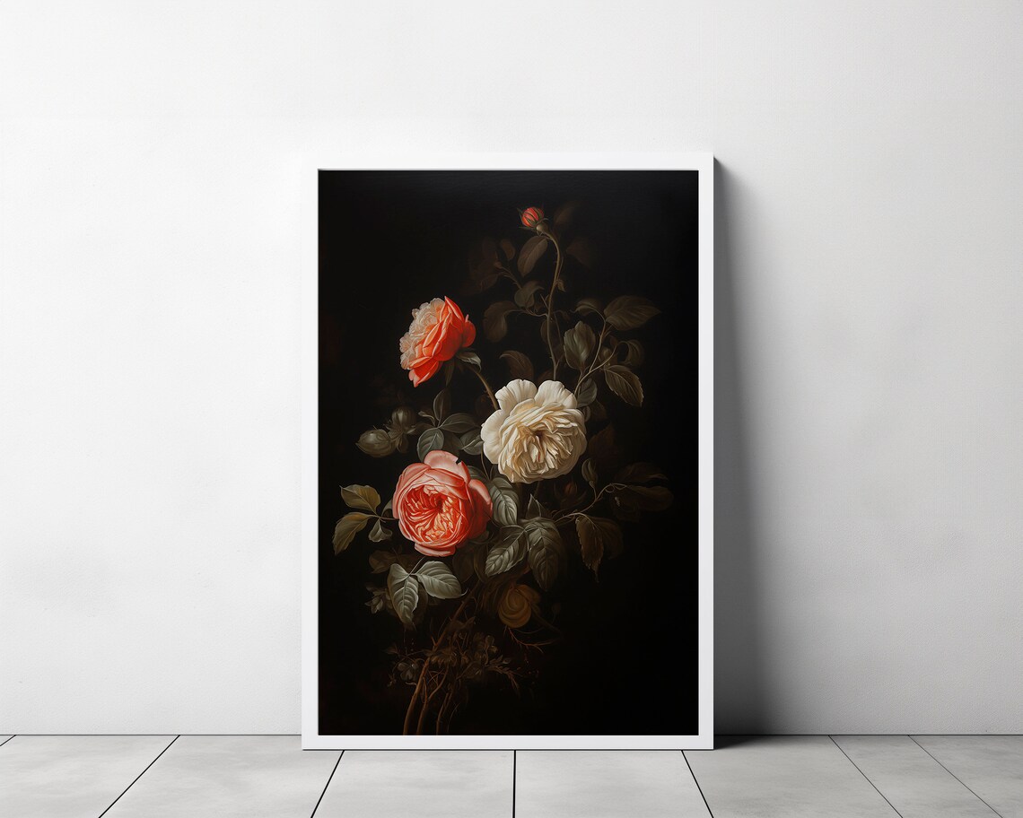 Moody Roses Still Life on a Black Background Floral Oil Poster - Image 3