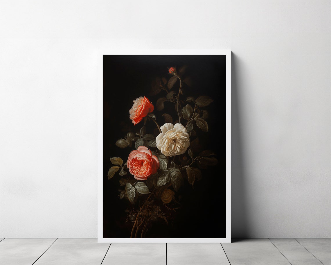 Vintage Moody Dark Flower Print Art Dark Academia Botanical Wall Art Floral Still Life Oil Painting - Image 3