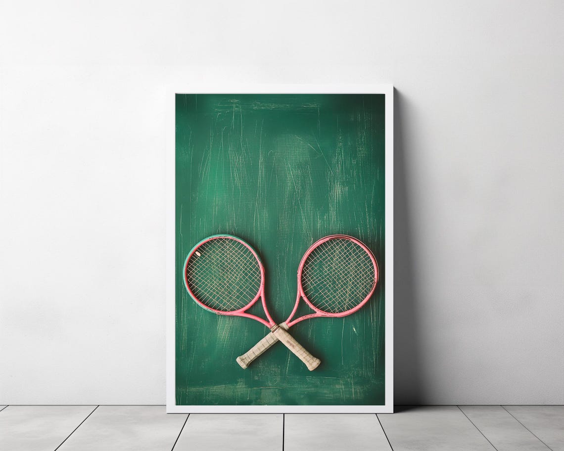 Two Pink Tennis Rackets Crossed on Vintage Green Chalkboard Poster - Image 3