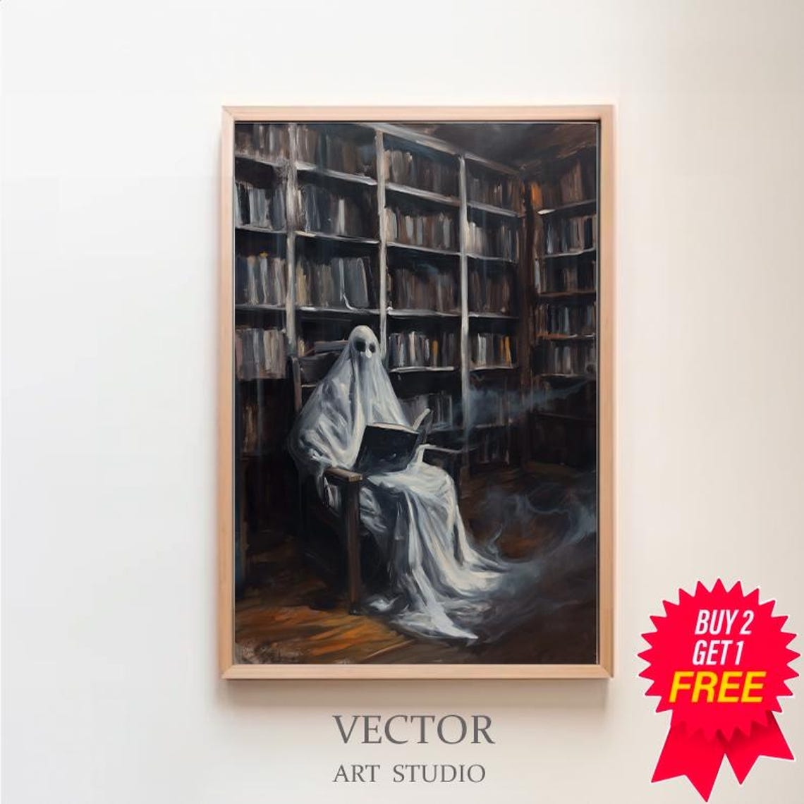 Wispy Ghost Reading In Armchair Deep In Dark Library Halloween Poster