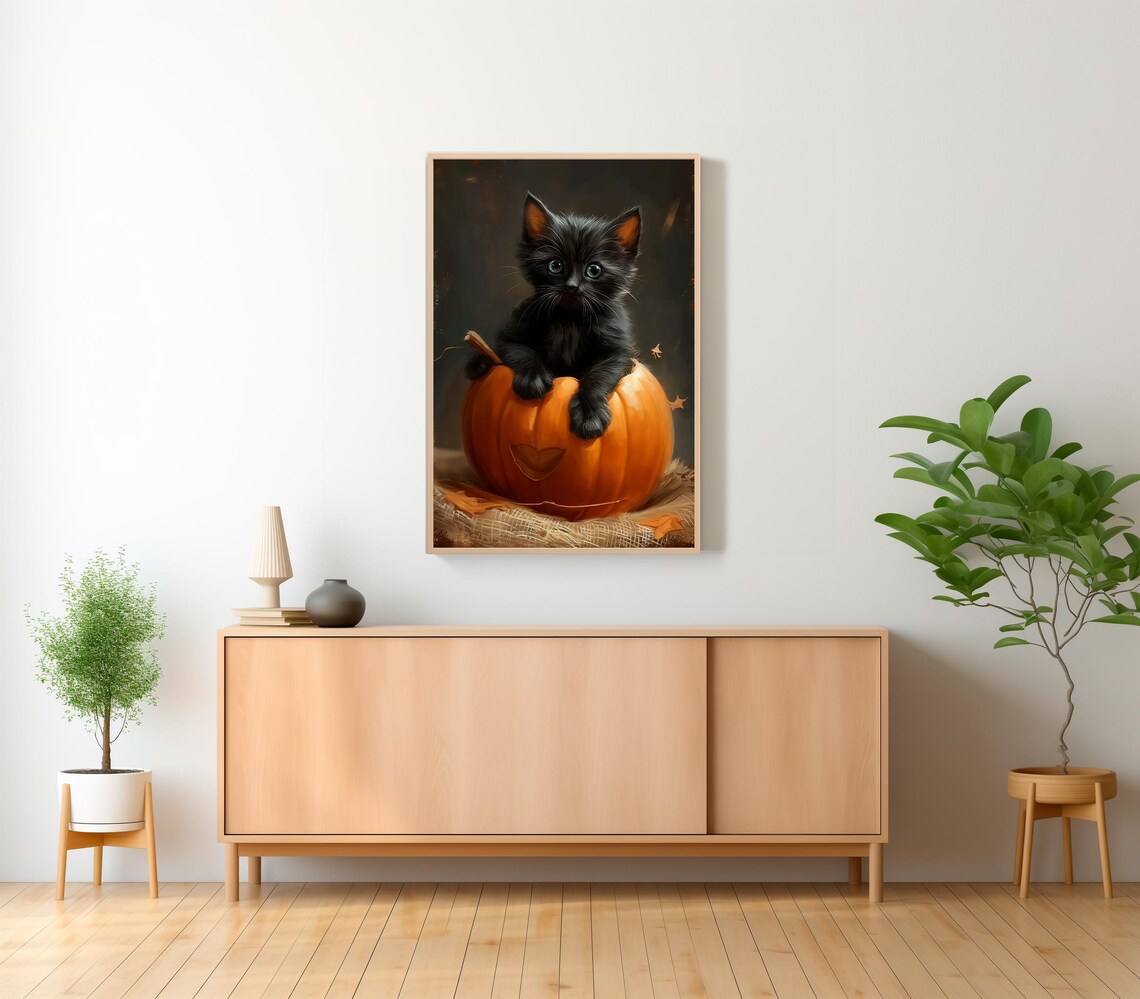 Black Kitten Sitting in Pumpkin with Heart Cutout Halloween Poster - Image 2