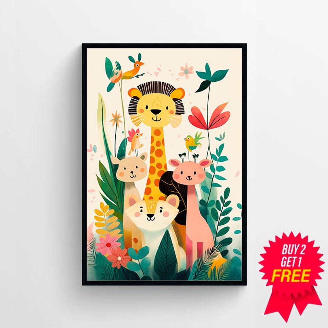 Happy Safari Animals Lion Giraffe Blooms Kids Nursery Decor Poster - Image 4