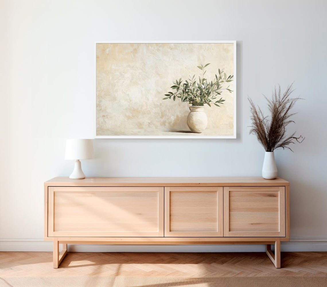Neutral Cream Vase With Olive Sprigs On Textured Beige Wall Poster - Image 2