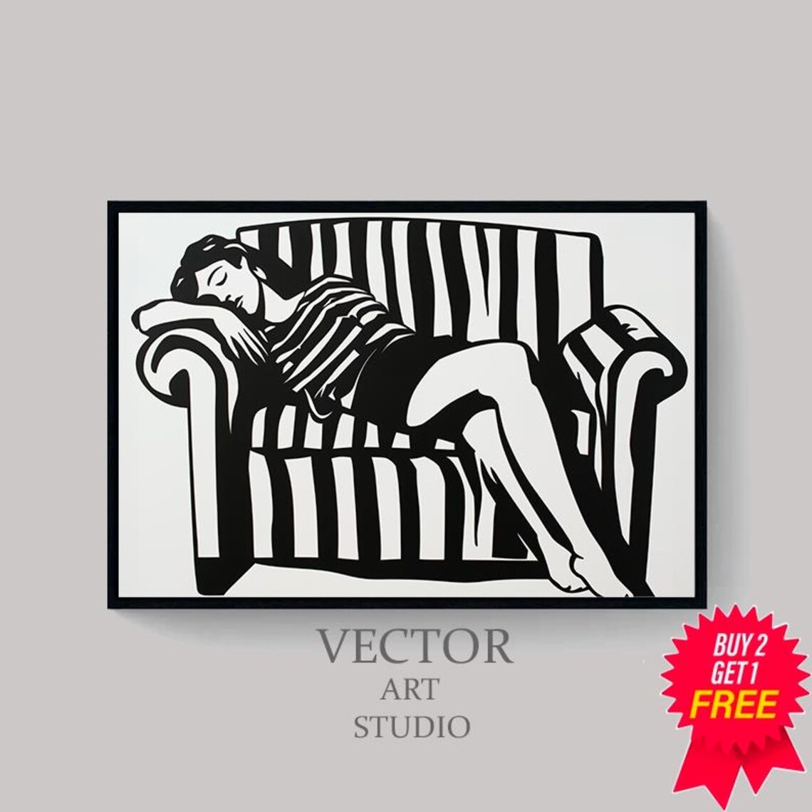 Reclining Woman on Striped Chaise Lounge Horizontal Black White Art Poster - Image 4