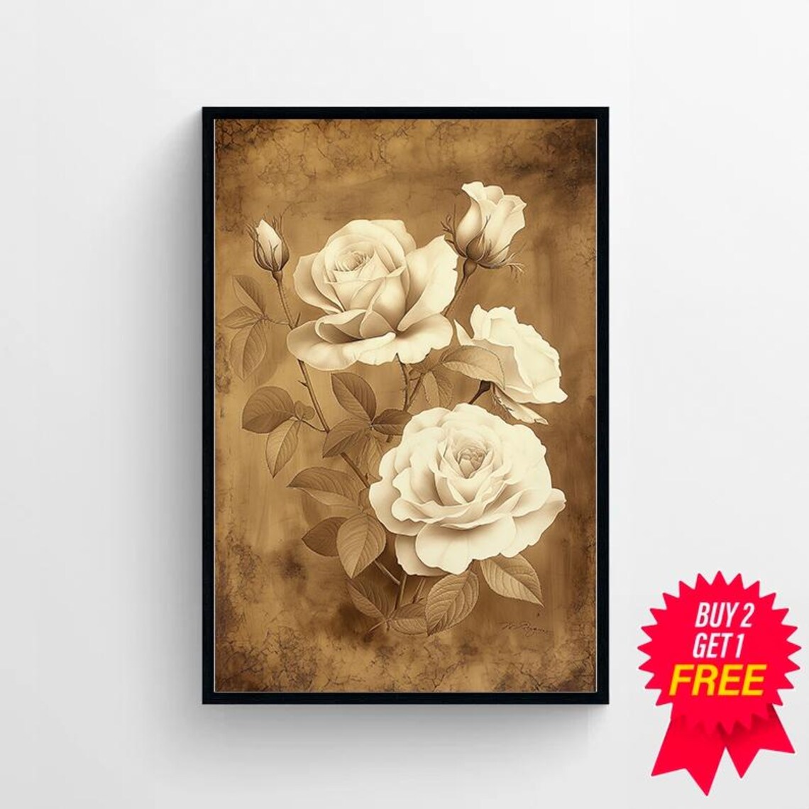 Antique Ivory Rose Bouquet Sepia Floral Botanical Vintage Poster - Image 4