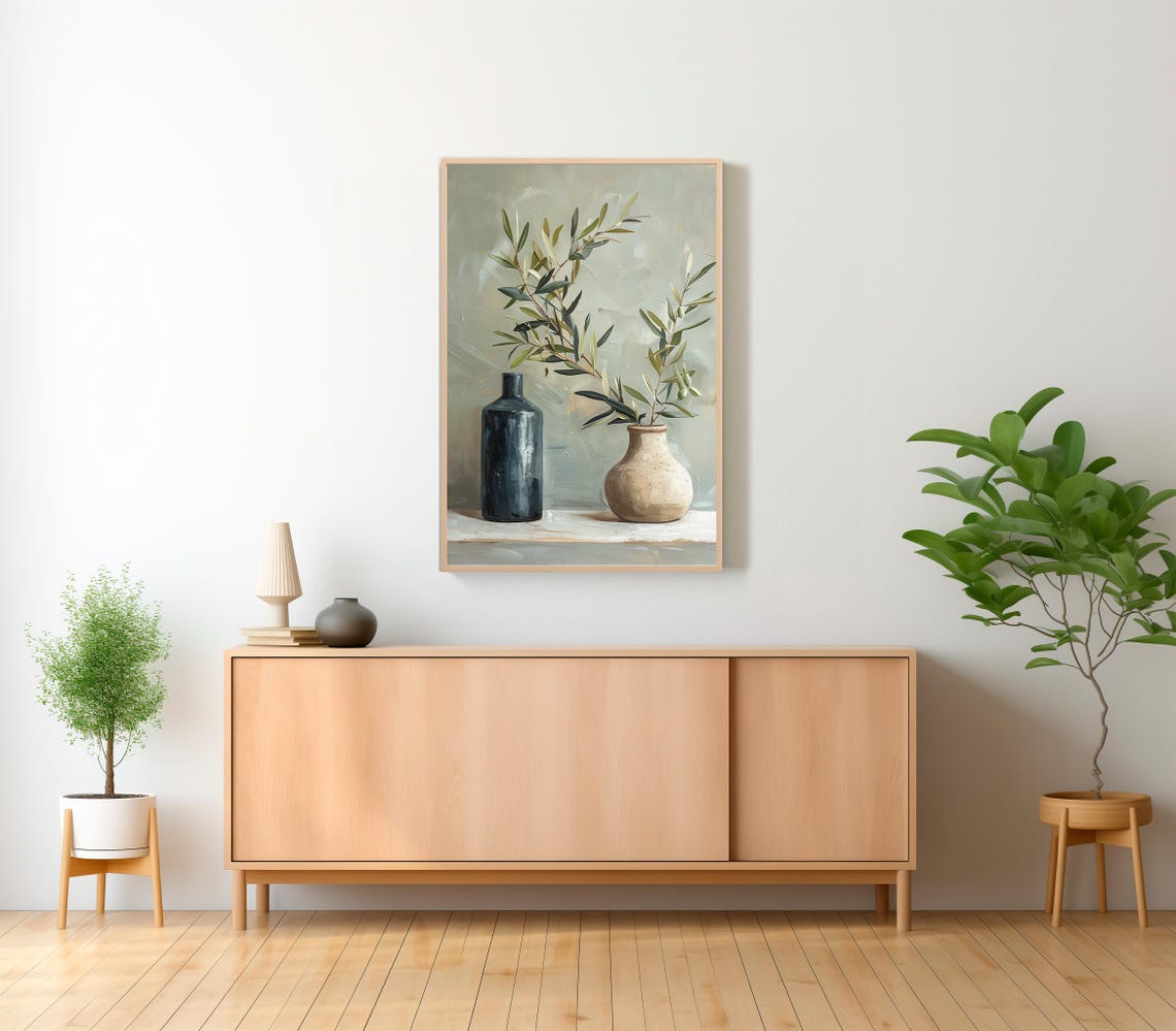Tall Olive Branches in Two Ceramic Vessels Still Life Poster - Image 2