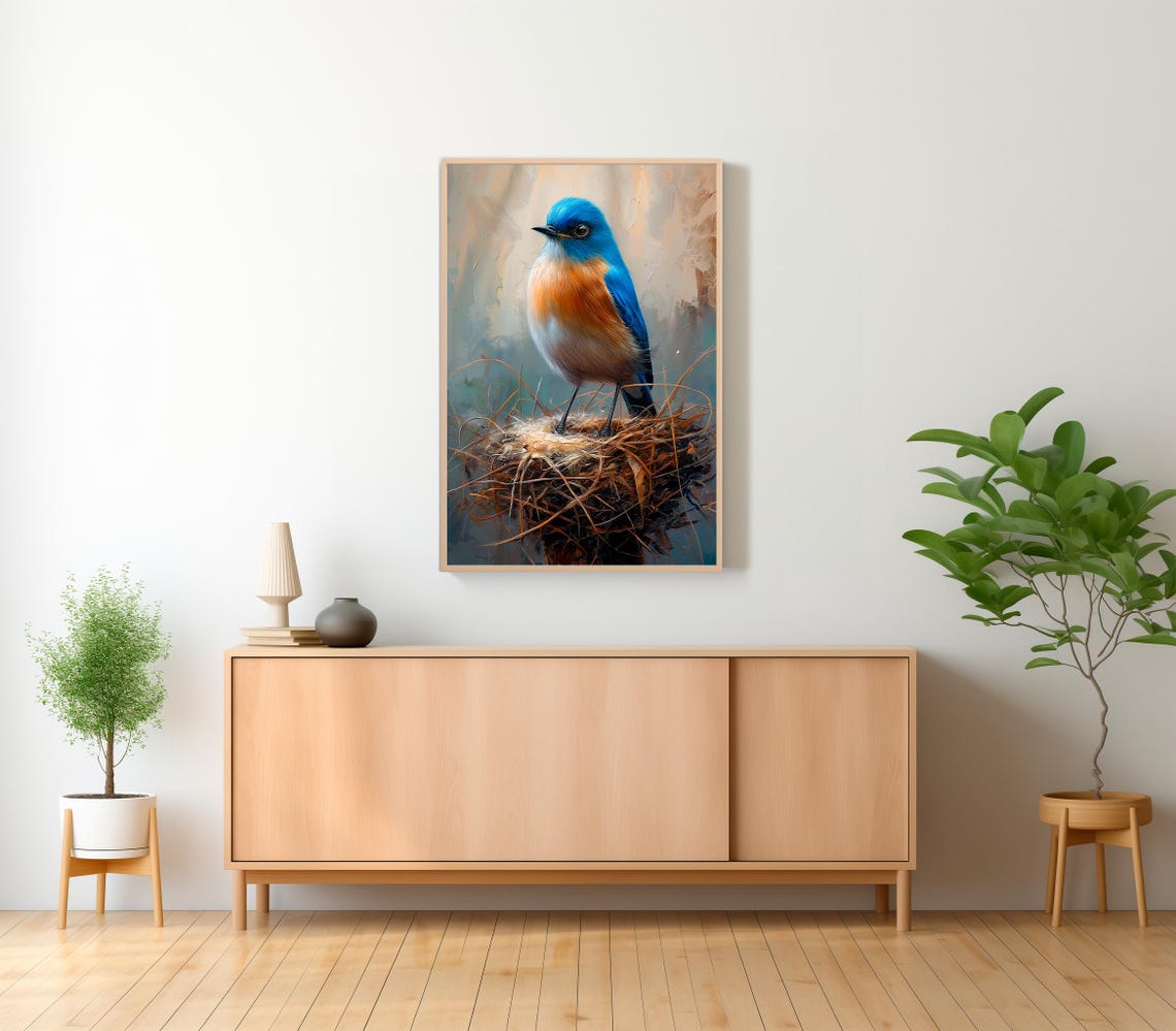 Bluebird Standing on Nest in Cool Blue Tones Vintage Bird Art Poster - Image 2